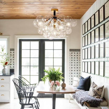 Multi-Globe Ceiling Light with Clear Glass Spheres and Metal Arms for Dining Room & Living Room