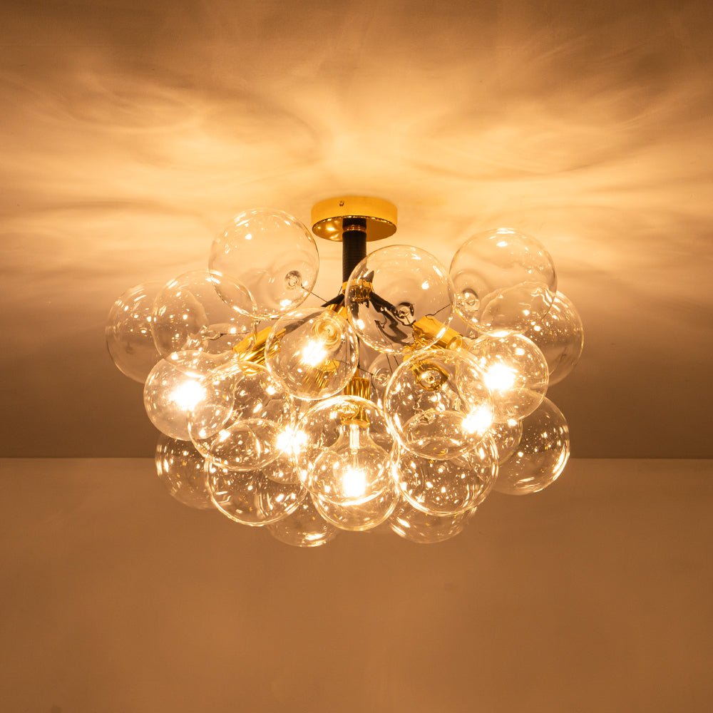 Multi-Globe Ceiling Light with Clear Glass Spheres and Metal Arms for Dining Room & Living Room