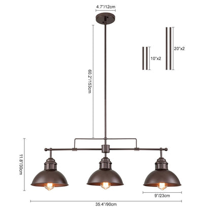 Industrial Kitchen Island Chandelier with Adjustable Drop Rods & Three Dome Shades for Dining Room Hardwired Ceiling Fixture