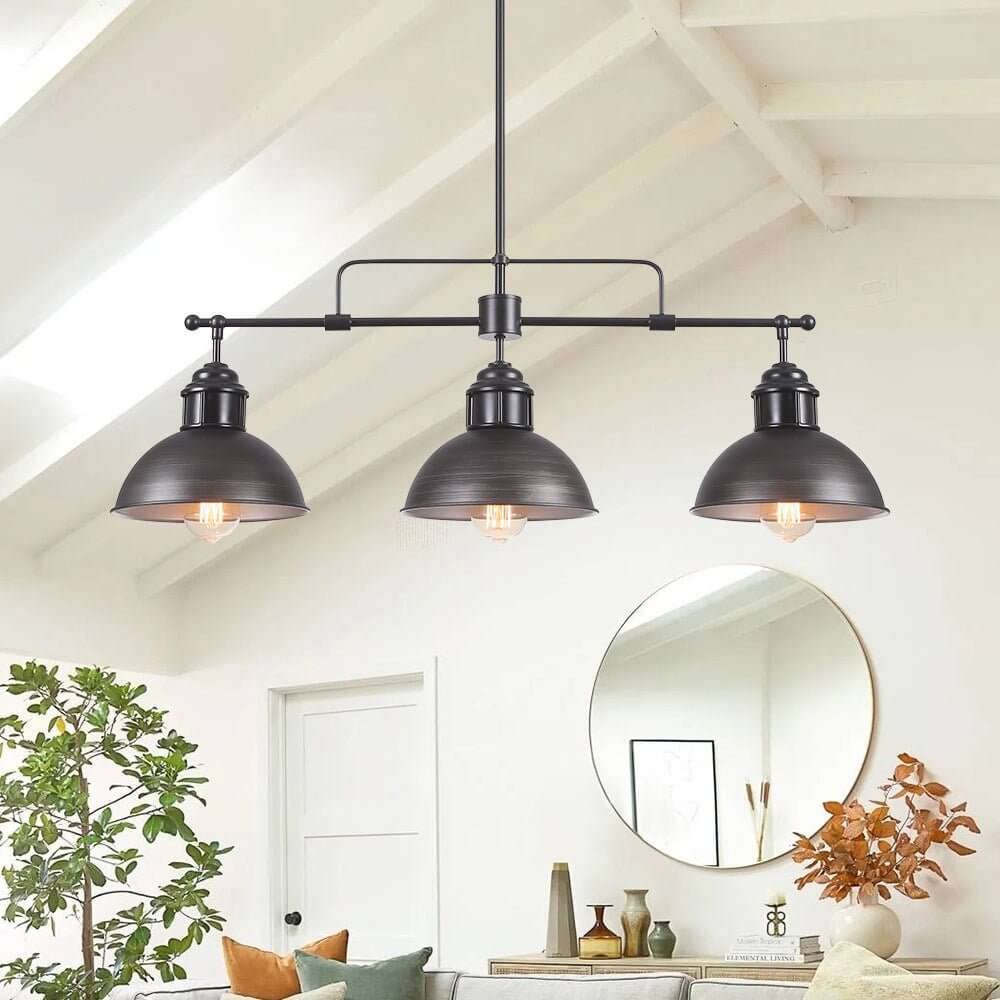 Industrial Kitchen Island Chandelier with Adjustable Drop Rods & Three Dome Shades for Dining Room Hardwired Ceiling Fixture