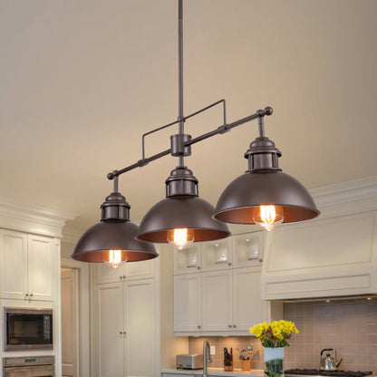 Industrial Kitchen Island Chandelier with Adjustable Drop Rods & Three Dome Shades for Dining Room Hardwired Ceiling Fixture