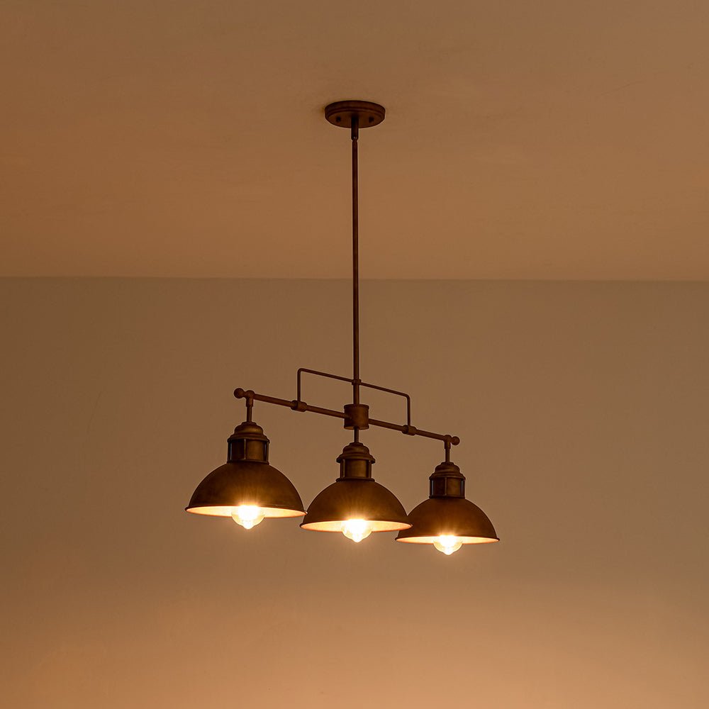 Industrial Kitchen Island Chandelier with Adjustable Drop Rods & Three Dome Shades for Dining Room Hardwired Ceiling Fixture