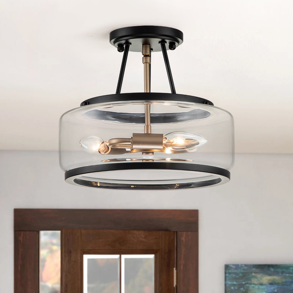 3-Light Clear Glass Ceiling Light Fixture Black Brass Farmhouse Drum Shade for Kitchen Bedroom Entryway Hallway Laundry Dining Room