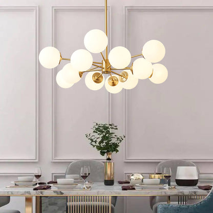 12-Light Mid-Century Ceiling Fixture with Frosted Glass Spheres & Golden Metal Arms for Dining Room, Foyer, Bedroom