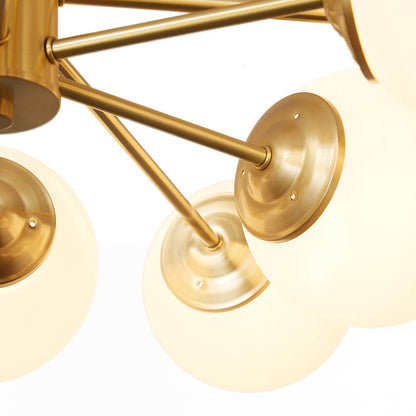 12-Light Mid-Century Ceiling Fixture with Frosted Glass Spheres & Golden Metal Arms for Dining Room, Foyer, Bedroom