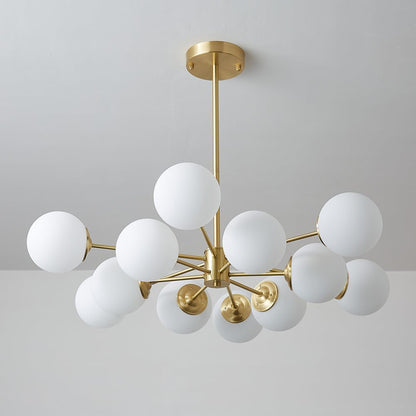 12-Light Mid-Century Ceiling Fixture with Frosted Glass Spheres & Golden Metal Arms for Dining Room, Foyer, Bedroom
