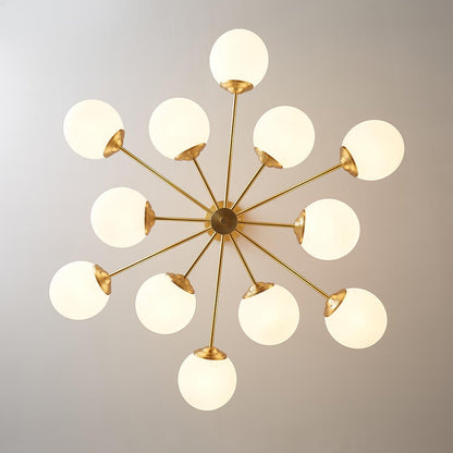12-Light Mid-Century Ceiling Fixture with Frosted Glass Spheres & Golden Metal Arms for Dining Room, Foyer, Bedroom