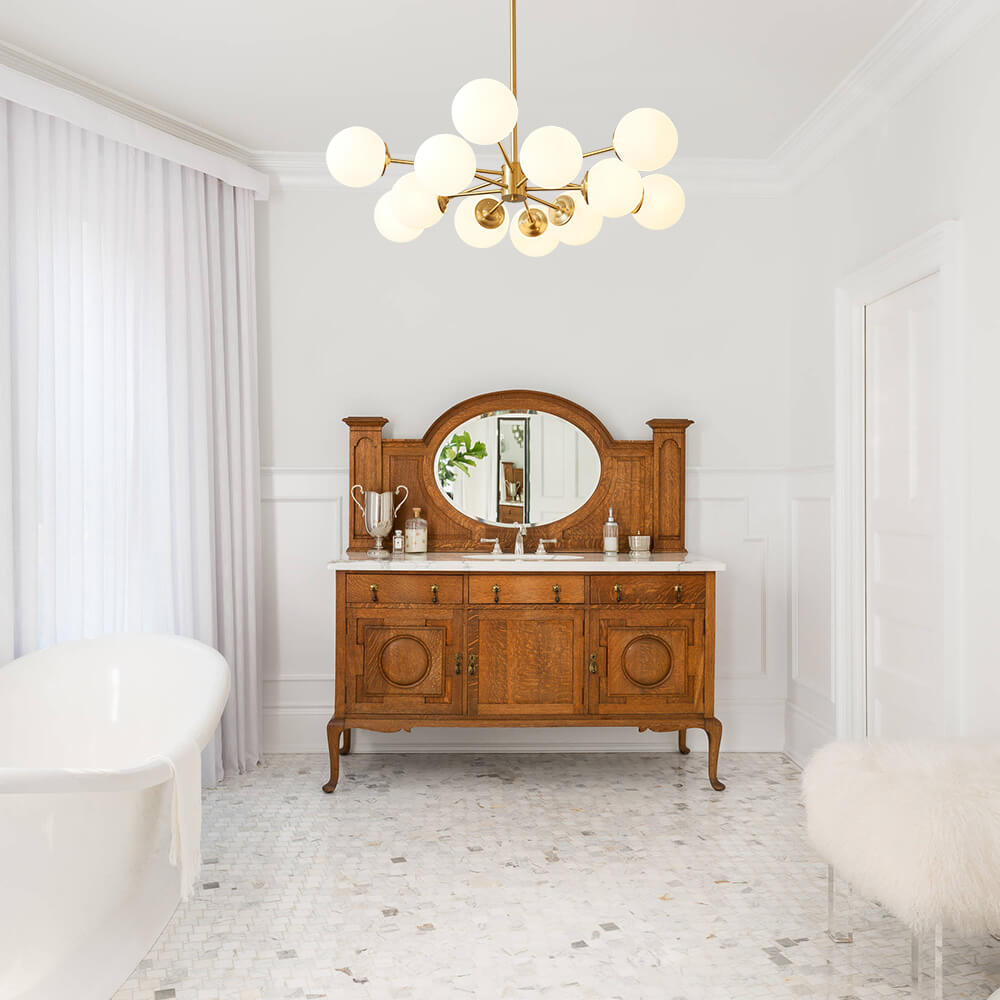 12-Light Mid-Century Ceiling Fixture with Frosted Glass Spheres & Golden Metal Arms for Dining Room, Foyer, Bedroom