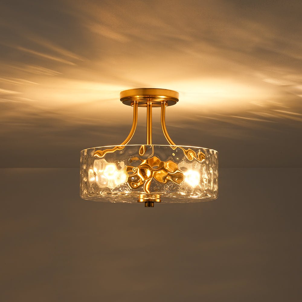 Textured Glass Semi-Flush Ceiling Light 12 Inch Round Drum for Bedrooms Bathrooms Hallways Entryways Compact Spaces Two Bulb Metal Frame Mod