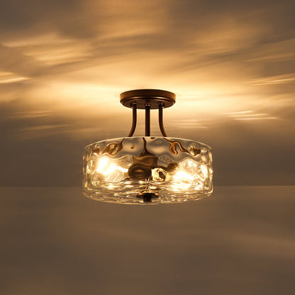Textured Glass Semi-Flush Ceiling Light 12 Inch Round Drum for Bedrooms Bathrooms Hallways Entryways Compact Spaces Two Bulb Metal Frame Mod