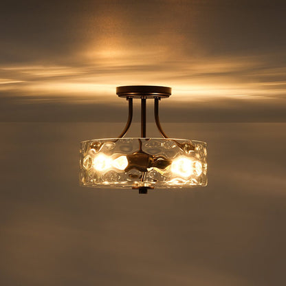 Textured Glass Semi-Flush Ceiling Light 12 Inch Round Drum for Bedrooms Bathrooms Hallways Entryways Compact Spaces Two Bulb Metal Frame Mod