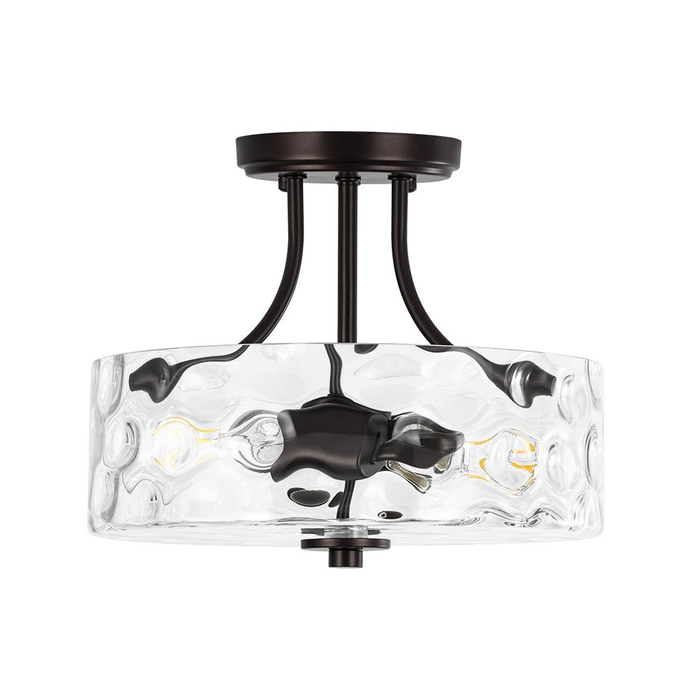Textured Glass Semi-Flush Ceiling Light 12 Inch Round Drum for Bedrooms Bathrooms Hallways Entryways Compact Spaces Two Bulb Metal Frame Mod