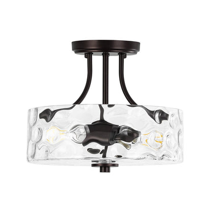 Textured Glass Semi-Flush Ceiling Light 12 Inch Round Drum for Bedrooms Bathrooms Hallways Entryways Compact Spaces Two Bulb Metal Frame Mod