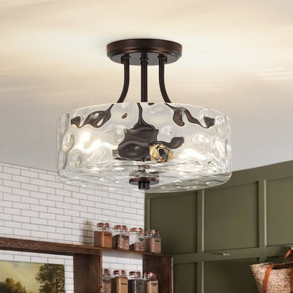 Textured Glass Semi-Flush Ceiling Light 12 Inch Round Drum for Bedrooms Bathrooms Hallways Entryways Compact Spaces Two Bulb Metal Frame Mod