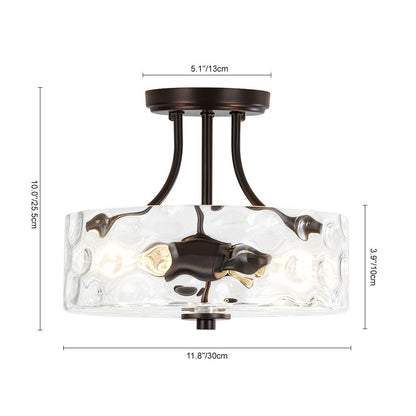 Textured Glass Semi-Flush Ceiling Light 12 Inch Round Drum for Bedrooms Bathrooms Hallways Entryways Compact Spaces Two Bulb Metal Frame Mod
