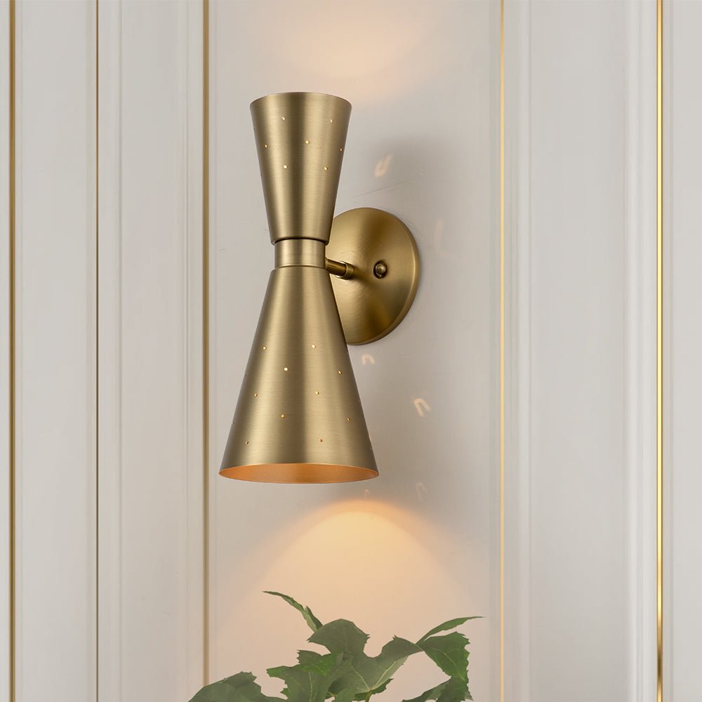Perforated Metal Wall Light Fixture Dual Cone Sconce Brass Nickel Hardwired Uplight Downlight Bedroom Bathroom Hallway Entryway Ambient