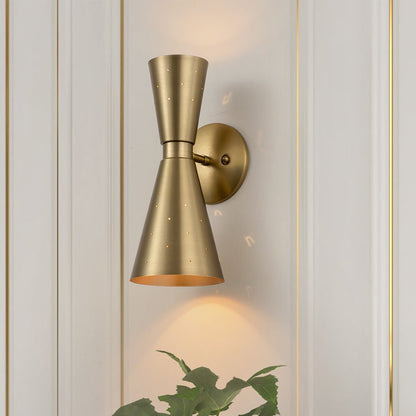 Perforated Metal Wall Light Fixture Dual Cone Sconce Brass Nickel Hardwired Uplight Downlight Bedroom Bathroom Hallway Entryway Ambient
