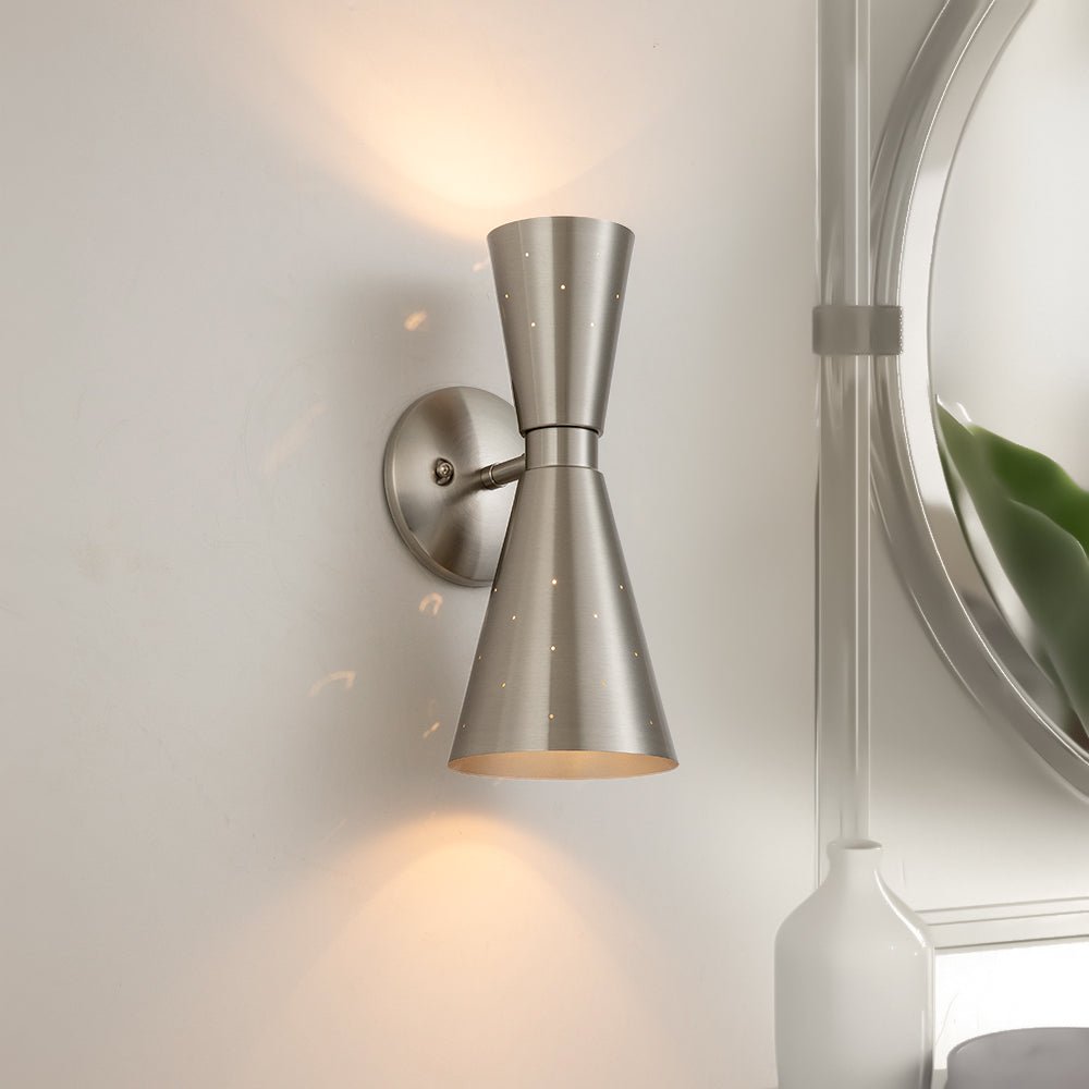 Perforated Metal Wall Light Fixture Dual Cone Sconce Brass Nickel Hardwired Uplight Downlight Bedroom Bathroom Hallway Entryway Ambient