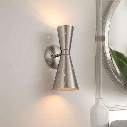 Perforated Metal Wall Light Fixture Dual Cone Sconce Brass Nickel Hardwired Uplight Downlight Bedroom Bathroom Hallway Entryway Ambient