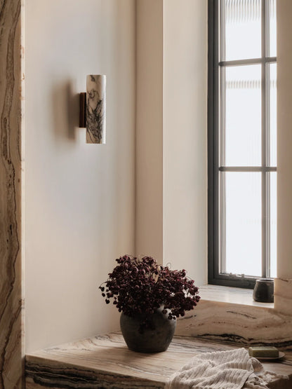 Natural Marble Sconce Dual Beam Design for Vanity Mirror Accent Hallway Bath Dimmable G9 LED Socket 9.4 Inch Height Stone Finish