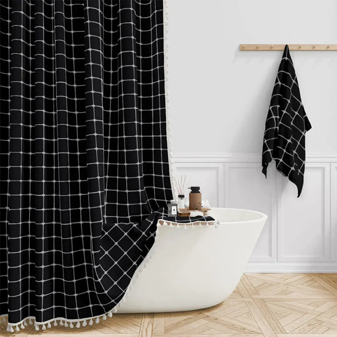 Rideau de douche en lin texturé avec bordure à pompons – Rideau de salle de bain en tissu jacquard imperméable avec crochets – Panneau d'intimité style bohème champêtre pour