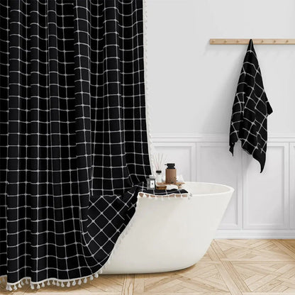 Rideau de douche en lin texturé avec bordure à pompons – Rideau de salle de bain en tissu jacquard imperméable avec crochets – Panneau d'intimité style bohème champêtre pour