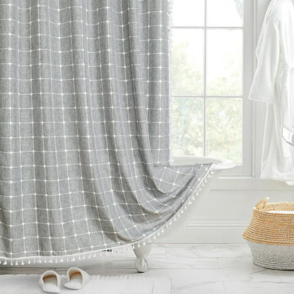 Rideau de douche en lin texturé avec bordure à pompons – Rideau de salle de bain en tissu jacquard imperméable avec crochets – Panneau d'intimité style bohème champêtre pour