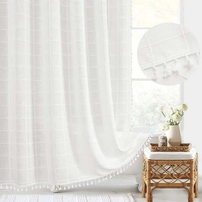 Rideau de douche en lin texturé avec bordure à pompons – Rideau de salle de bain en tissu jacquard imperméable avec crochets – Panneau d'intimité style bohème champêtre pour
