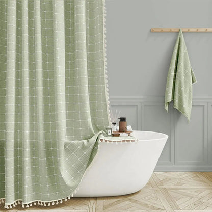 Rideau de douche en lin texturé avec bordure à pompons – Rideau de salle de bain en tissu jacquard imperméable avec crochets – Panneau d'intimité style bohème champêtre pour