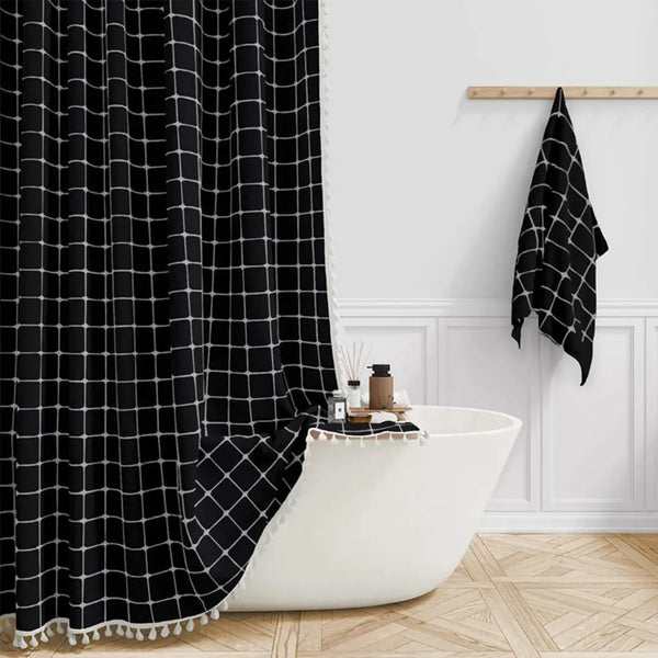 Rideau de douche avec crochets, rideau de douche bohème en lin avec pompons, rideau de douche imperméable pour salle de bain style rustique