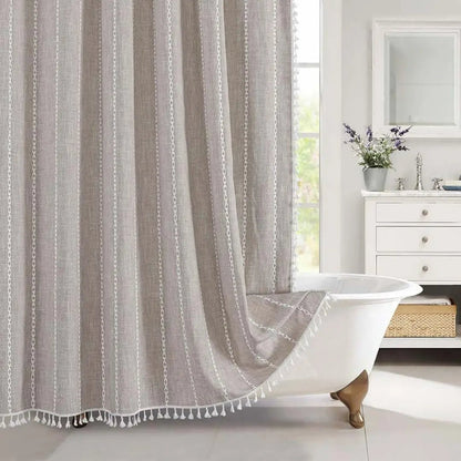 Rideau de douche en lin texturé avec bordure à pompons – Rideau de salle de bain en tissu jacquard imperméable avec crochets – Panneau d'intimité style bohème champêtre pour