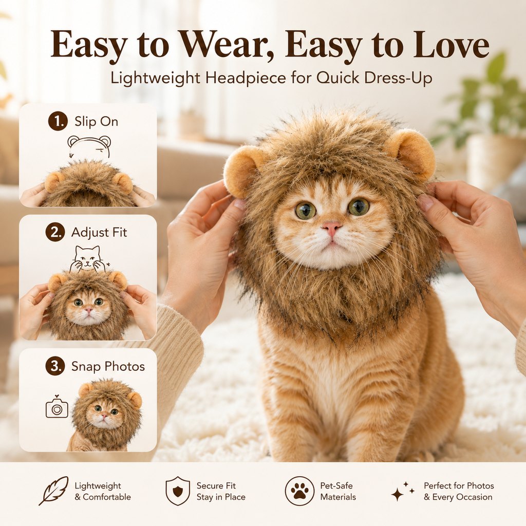 Ortekor Soft Lion Mane Pet Headpiece for Cats & Small Dogs - Easy Open-Face Costume for Halloween Photos, Pet Parties & Outdoor Fun