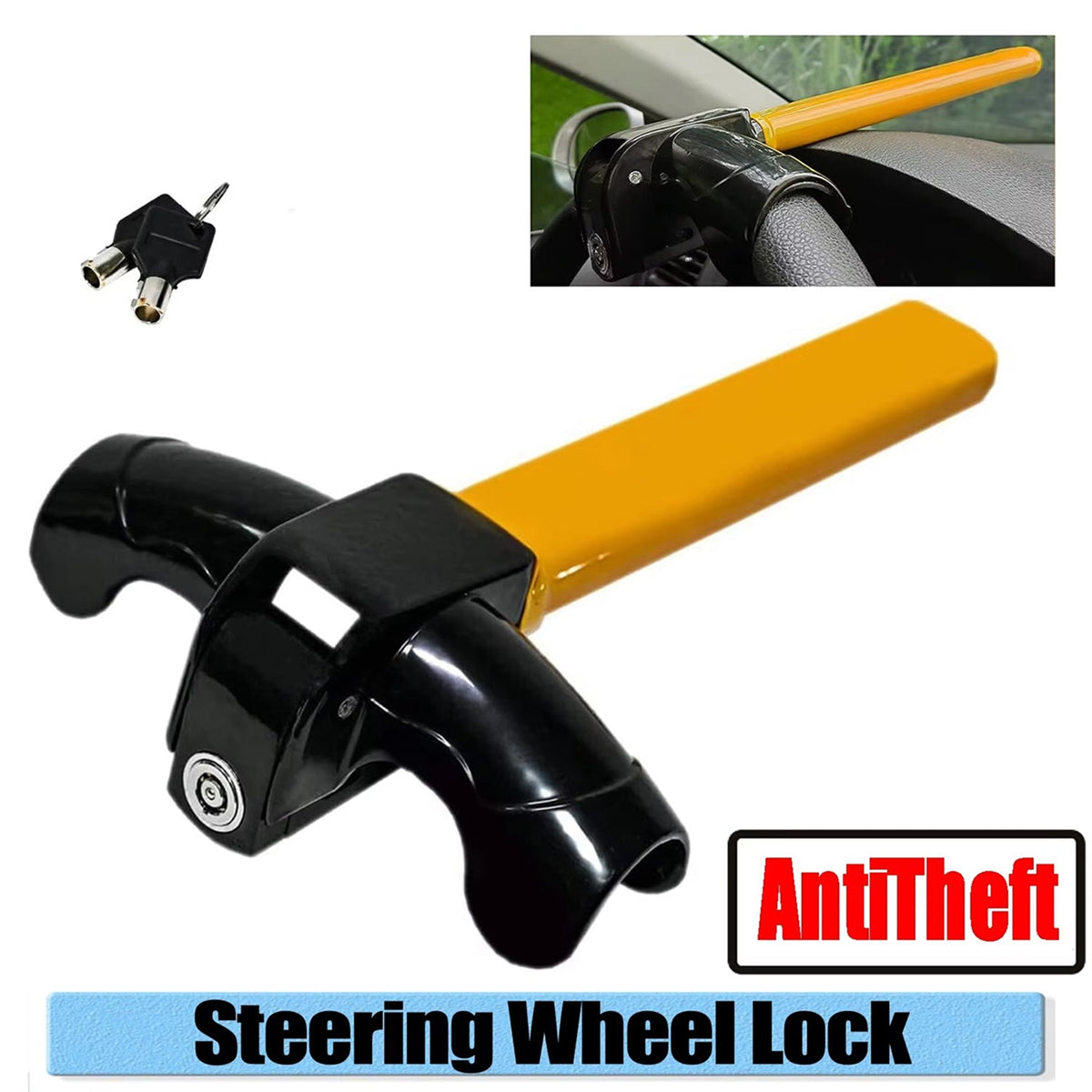 Steering Wheel Security Bar – Heavy-Duty Anti-Theft Device for Cars, Trucks & SUVs – High-Visibility Yellow Iron T-Bar Immobilizer