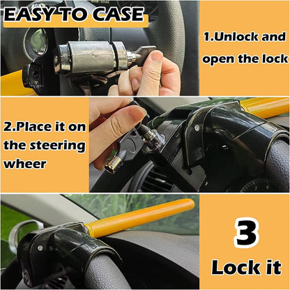 Steering Wheel Security Bar – Heavy-Duty Anti-Theft Device for Cars, Trucks & SUVs – High-Visibility Yellow Iron T-Bar Immobilizer