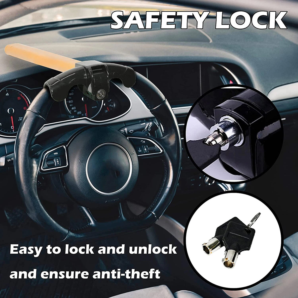 Steering Wheel Security Bar – Heavy-Duty Anti-Theft Device for Cars, Trucks & SUVs – High-Visibility Yellow Iron T-Bar Immobilizer
