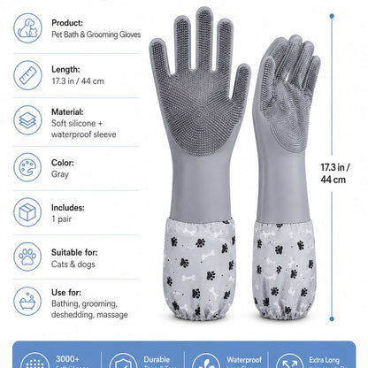 Ortekor Long-Sleeve Pet Bath & Grooming Gloves for Cats & Dogs - Cleaner Baths, Gentle Deshedding & Massage