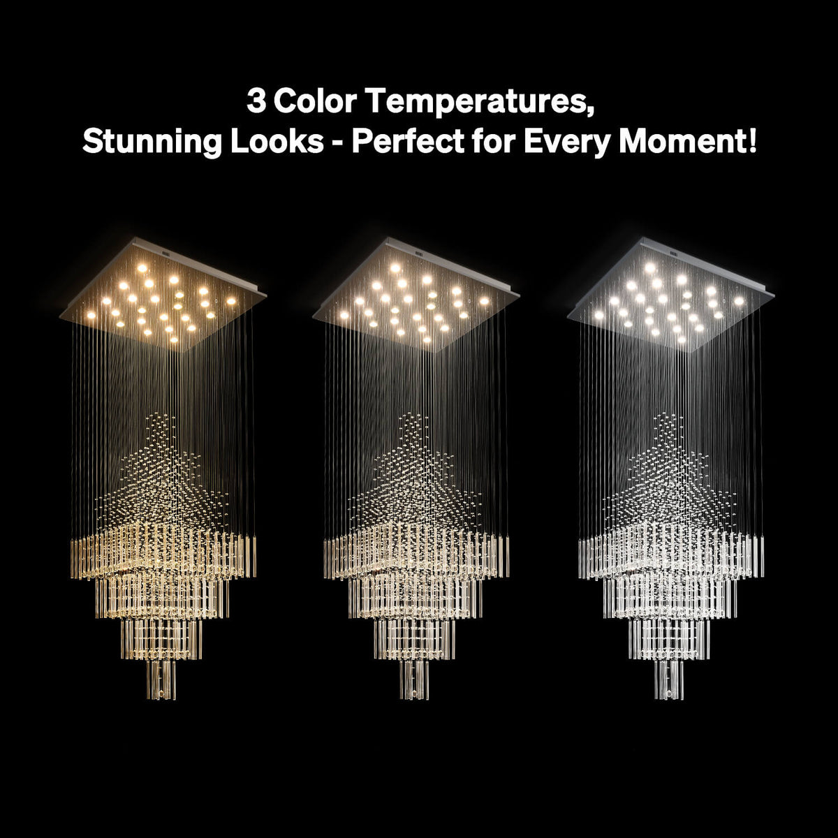 Tiered Crystal Chandelier with Cascading Glass Drops for Foyer, Staircase & High Ceilings – Adjustable Height Modern Lighting Fixture
