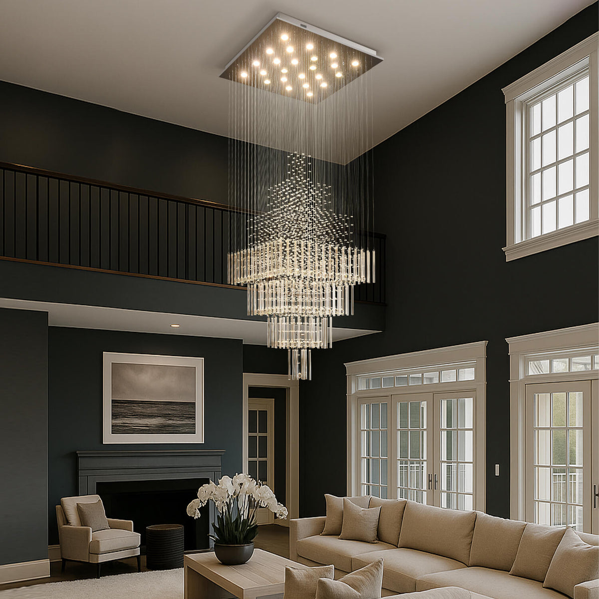 Tiered Crystal Chandelier with Cascading Glass Drops for Foyer, Staircase & High Ceilings – Adjustable Height Modern Lighting Fixture