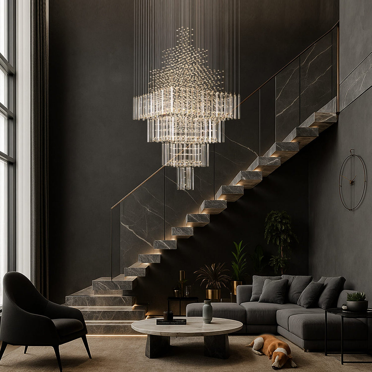 Tiered Crystal Chandelier with Cascading Glass Drops for Foyer, Staircase & High Ceilings – Adjustable Height Modern Lighting Fixture