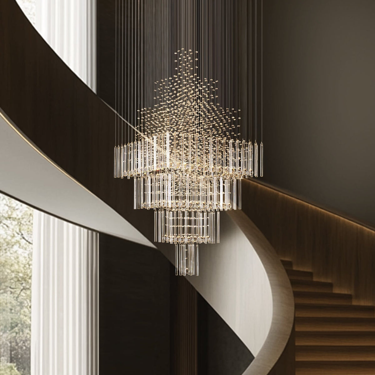 Tiered Crystal Chandelier with Cascading Glass Drops for Foyer, Staircase & High Ceilings – Adjustable Height Modern Lighting Fixture