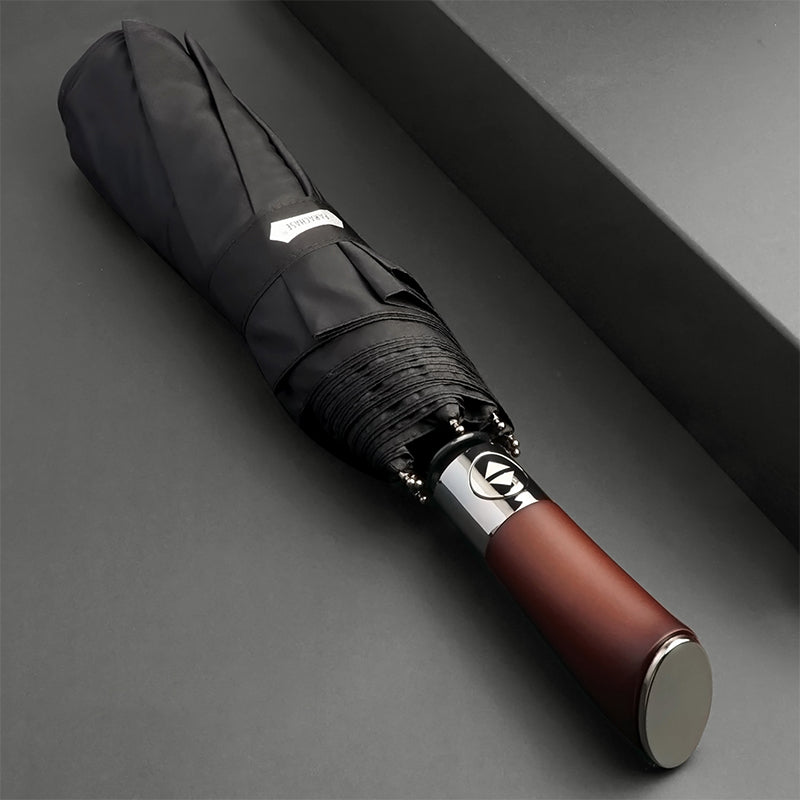 Automatic Open Compact Umbrella with Wooden Curved Handle for Rain – Windproof Canopy with Aluminum Frame – Men's & Women's Travel Accessory