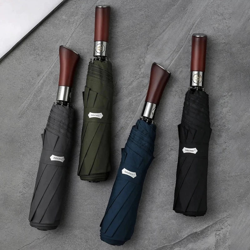 Automatic Open Compact Umbrella with Wooden Curved Handle for Rain – Windproof Canopy with Aluminum Frame – Men's & Women's Travel Accessory