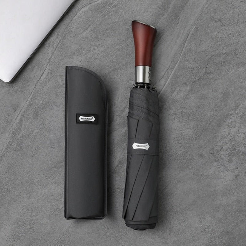 Automatic Open Compact Umbrella with Wooden Curved Handle for Rain – Windproof Canopy with Aluminum Frame – Men's & Women's Travel Accessory