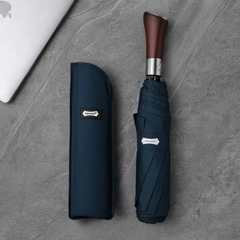 Automatic Open Compact Umbrella with Wooden Curved Handle for Rain – Windproof Canopy with Aluminum Frame – Men's & Women's Travel Accessory