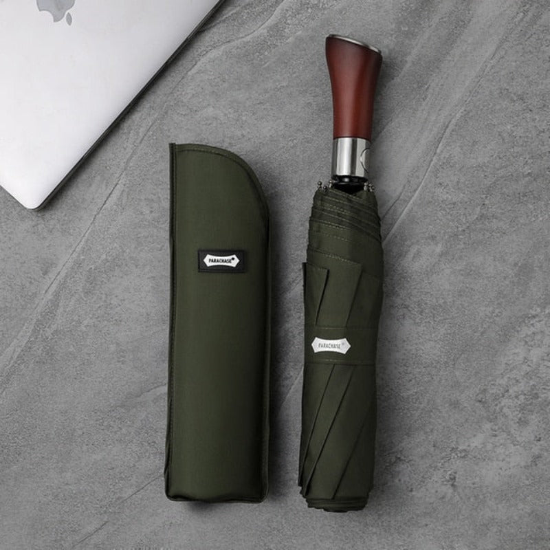 Automatic Open Compact Umbrella with Wooden Curved Handle for Rain – Windproof Canopy with Aluminum Frame – Men's & Women's Travel Accessory