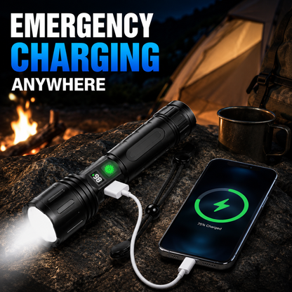 Heavy-Duty LED Flashlight with Power Bank Function, 5-Mode Zoomable Beam, Rechargeable 5000mAh Battery, Waterproof Aluminum Body for Camping