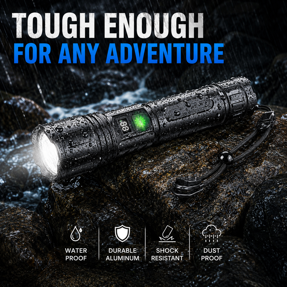 Heavy-Duty LED Flashlight with Power Bank Function, 5-Mode Zoomable Beam, Rechargeable 5000mAh Battery, Waterproof Aluminum Body for Camping