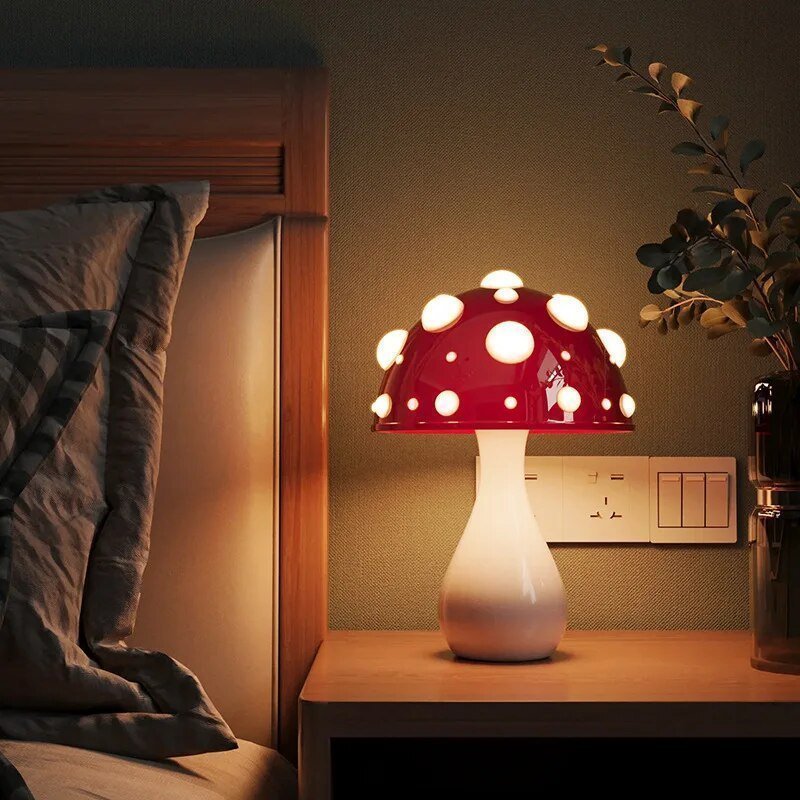 Decorative Mushroom Desk Lamp with Dimmable LED Light for Bedroom & Office | USB Rechargeable & Plug-In Options