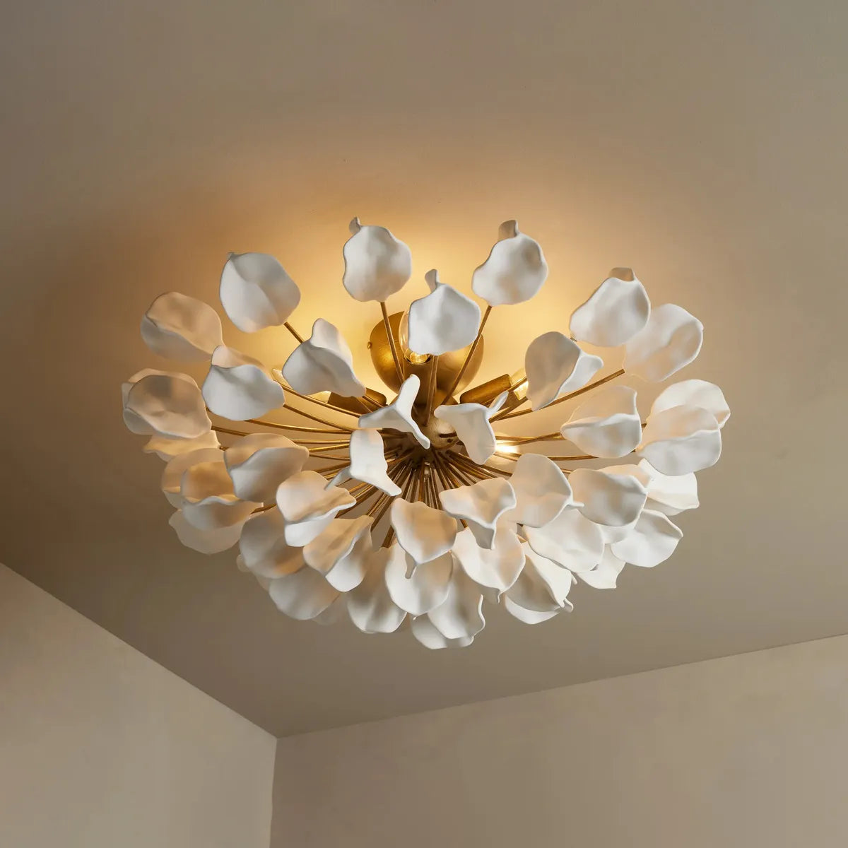 Ceramic Petal Flush Mount Ceiling Light with Handcrafted Leaves – 5-Light Fixture for Living Room, Dining Room & Bedroom – Dimmable E12