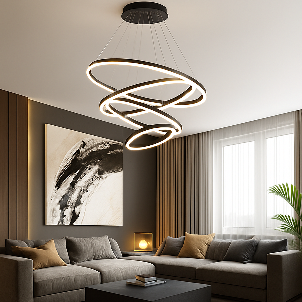 Multi-Ring LED Ceiling Light Fixture Black Steel Hanging Chandelier for Dining Room Living Space Adjustable Height Contemporary Circle Desig